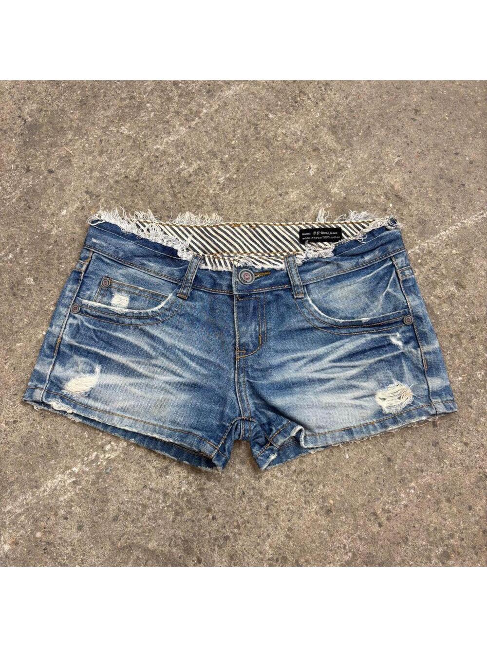 Vintage Y2K Low Rise Denim Micro Shorts Light Wash Stripe Detail